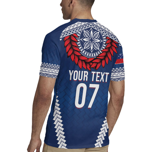 Manu Samoa Rugby Custom Navy Blue Rugby Jersey ʻIe Toga Pattern With Red Ula fala