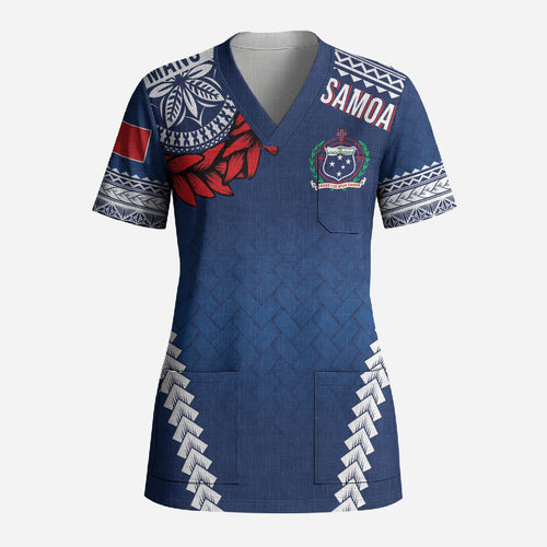 Manu Samoa Rugby Custom Navy Blue Scrub Top ʻIe Toga Pattern With Red Ula fala