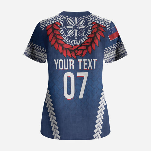 Manu Samoa Rugby Custom Navy Blue Scrub Top ʻIe Toga Pattern With Red Ula fala