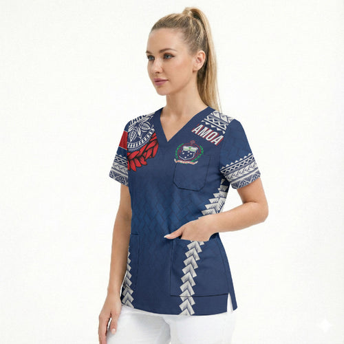 Manu Samoa Rugby Custom Navy Blue Scrub Top ʻIe Toga Pattern With Red Ula fala