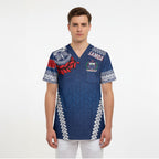 Manu Samoa Rugby Custom Navy Blue Scrub Top ʻIe Toga Pattern With Red Ula fala