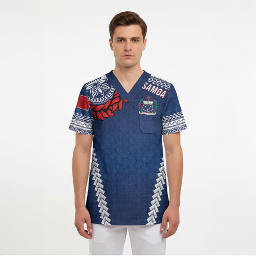 Manu Samoa Rugby Custom Navy Blue Scrub Top ʻIe Toga Pattern With Red Ula fala