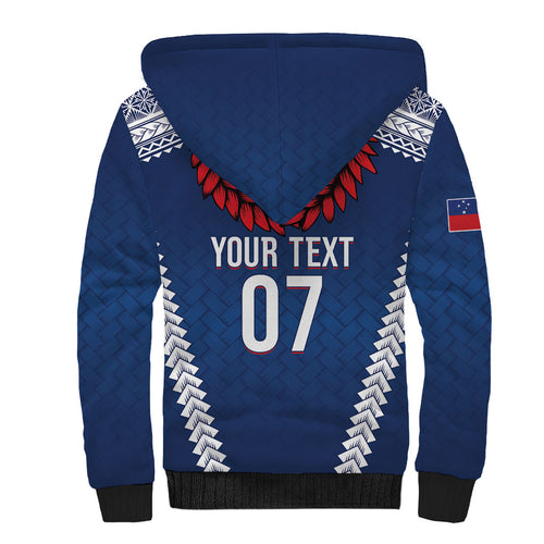 Manu Samoa Rugby Custom Navy Blue Sherpa Hoodie ʻIe Toga Pattern With Red Ula fala