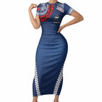 Manu Samoa Rugby Custom Navy Blue Short Sleeve Bodycon Dress ʻIe Toga Pattern With Red Ula fala