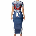 Manu Samoa Rugby Custom Navy Blue Short Sleeve Bodycon Dress ʻIe Toga Pattern With Red Ula fala