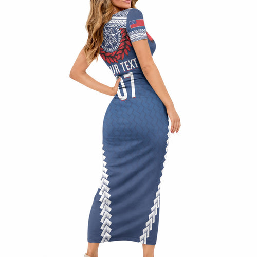 Manu Samoa Rugby Custom Navy Blue Short Sleeve Bodycon Dress ʻIe Toga Pattern With Red Ula fala