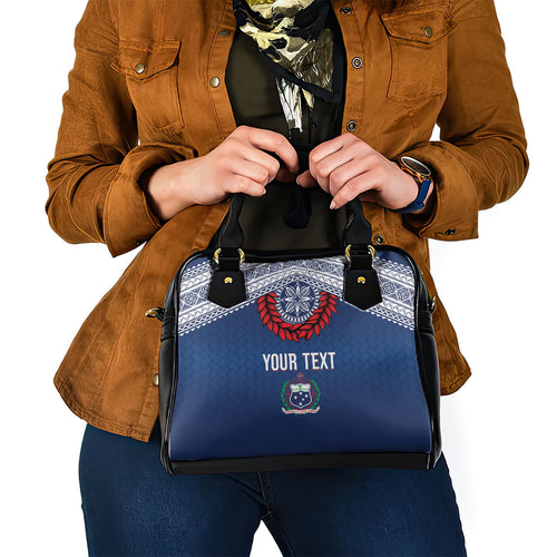 Manu Samoa Rugby Custom Navy Blue Shoulder Handbag ʻIe Toga Pattern With Red Ula fala