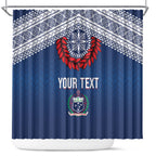 Manu Samoa Rugby Custom Navy Blue Shower Curtain ʻIe Toga Pattern With Red Ula fala