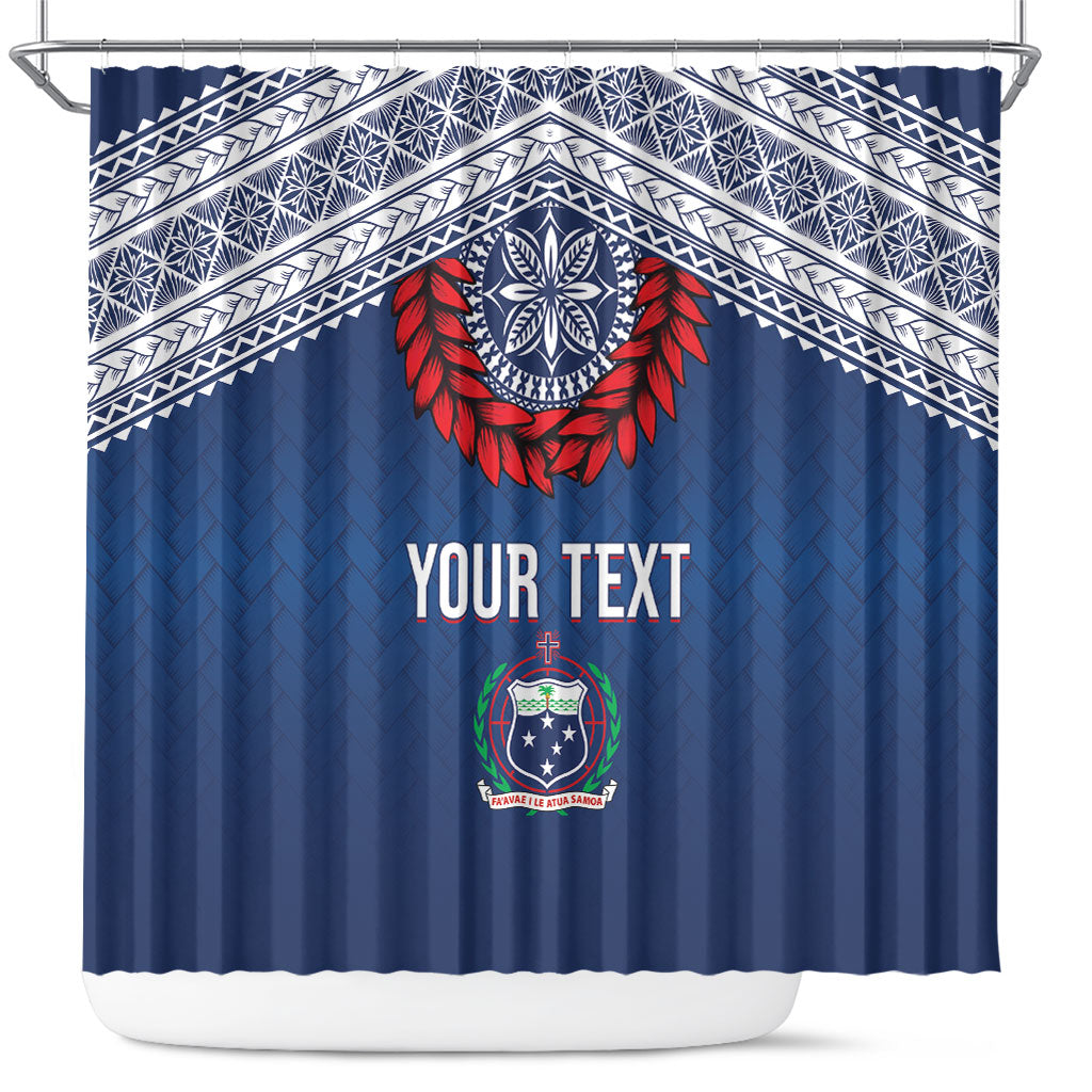 Manu Samoa Rugby Custom Navy Blue Shower Curtain ʻIe Toga Pattern With Red Ula fala