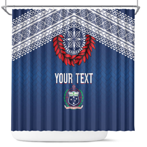 Manu Samoa Rugby Custom Navy Blue Shower Curtain ʻIe Toga Pattern With Red Ula fala