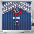 Manu Samoa Rugby Custom Navy Blue Shower Curtain ʻIe Toga Pattern With Red Ula fala