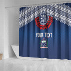 Manu Samoa Rugby Custom Navy Blue Shower Curtain ʻIe Toga Pattern With Red Ula fala