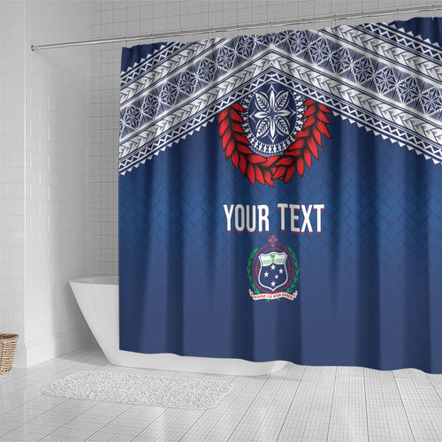 Manu Samoa Rugby Custom Navy Blue Shower Curtain ʻIe Toga Pattern With Red Ula fala