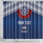 Manu Samoa Rugby Custom Navy Blue Shower Curtain ʻIe Toga Pattern With Red Ula fala