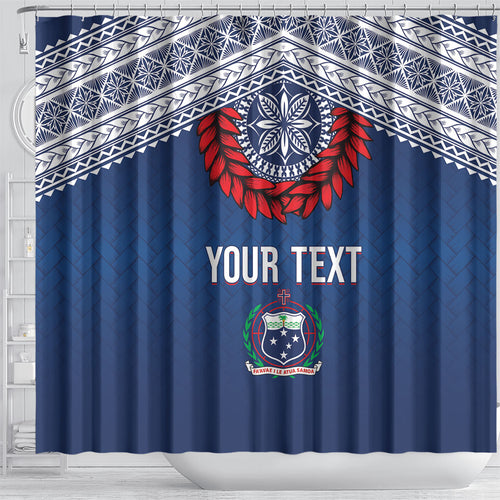 Manu Samoa Rugby Custom Navy Blue Shower Curtain ʻIe Toga Pattern With Red Ula fala
