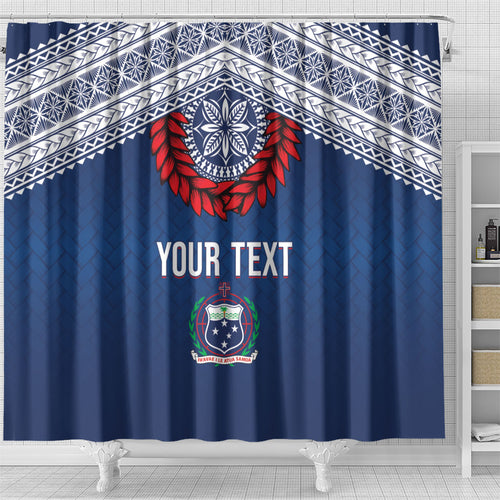 Manu Samoa Rugby Custom Navy Blue Shower Curtain ʻIe Toga Pattern With Red Ula fala