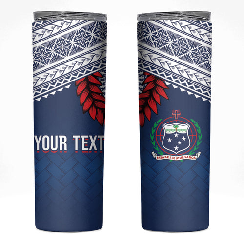 Manu Samoa Rugby Custom Navy Blue Skinny Tumbler ʻIe Toga Pattern With Red Ula fala