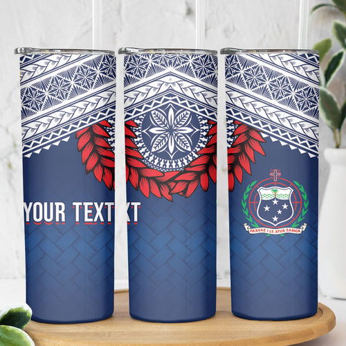 Manu Samoa Rugby Custom Navy Blue Skinny Tumbler ʻIe Toga Pattern With Red Ula fala