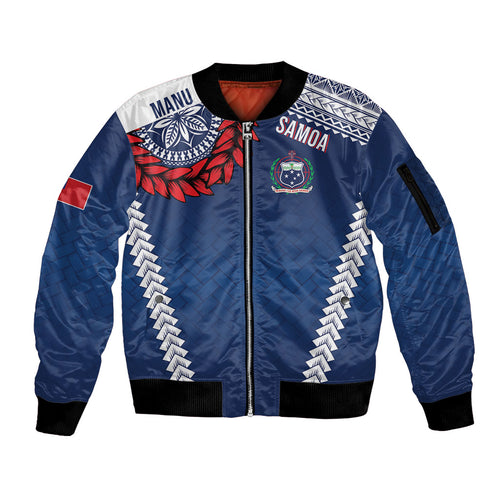 Manu Samoa Rugby Custom Navy Blue Sleeve Zip Bomber Jacket ʻIe Toga Pattern With Red Ula fala