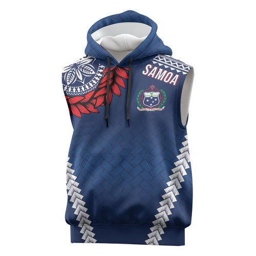 Manu Samoa Rugby Custom Navy Blue Sleeveless Hoodie ʻIe Toga Pattern With Red Ula fala