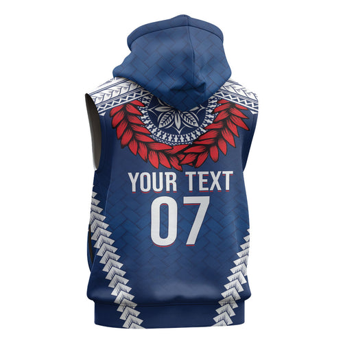 Manu Samoa Rugby Custom Navy Blue Sleeveless Hoodie ʻIe Toga Pattern With Red Ula fala