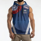 Manu Samoa Rugby Custom Navy Blue Sleeveless Hoodie ʻIe Toga Pattern With Red Ula fala