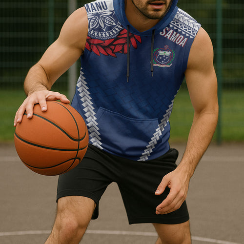 Manu Samoa Rugby Custom Navy Blue Sleeveless Hoodie ʻIe Toga Pattern With Red Ula fala