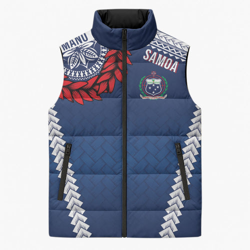 Manu Samoa Rugby Custom Navy Blue Sleeveless Puffer Jacket ʻIe Toga Pattern With Red Ula fala