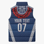 Manu Samoa Rugby Custom Navy Blue Sleeveless Puffer Jacket ʻIe Toga Pattern With Red Ula fala