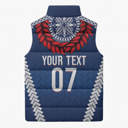 Manu Samoa Rugby Custom Navy Blue Sleeveless Puffer Jacket ʻIe Toga Pattern With Red Ula fala