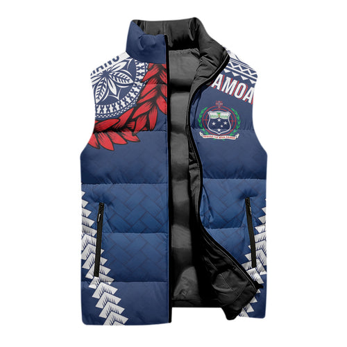 Manu Samoa Rugby Custom Navy Blue Sleeveless Puffer Jacket ʻIe Toga Pattern With Red Ula fala