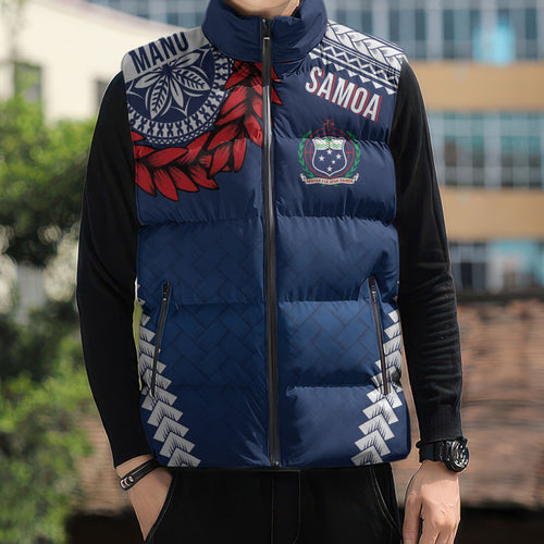 Manu Samoa Rugby Custom Navy Blue Sleeveless Puffer Jacket ʻIe Toga Pattern With Red Ula fala