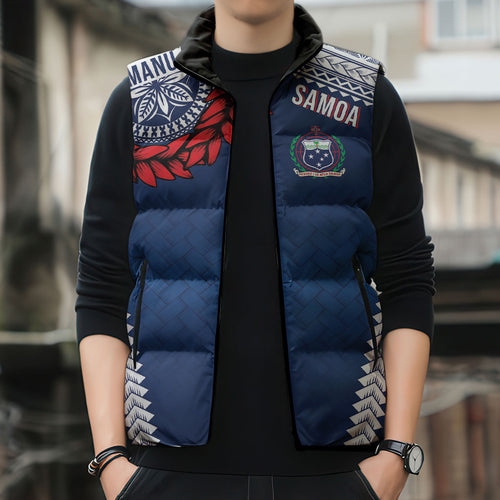 Manu Samoa Rugby Custom Navy Blue Sleeveless Puffer Jacket ʻIe Toga Pattern With Red Ula fala