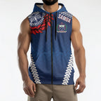 Manu Samoa Rugby Custom Navy Blue Sleeveless Zip Hoodie ʻIe Toga Pattern With Red Ula fala
