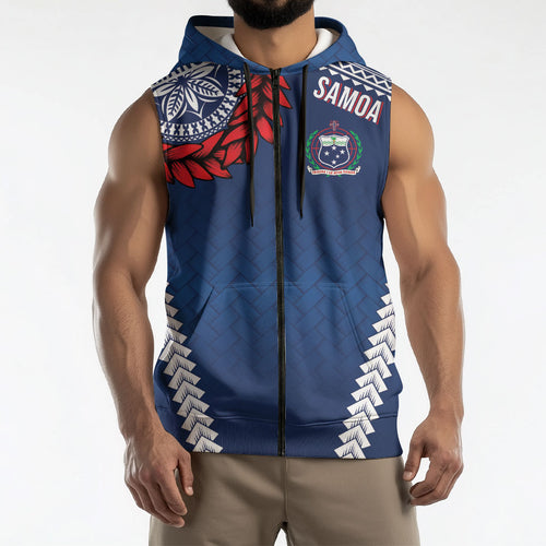 Manu Samoa Rugby Custom Navy Blue Sleeveless Zip Hoodie ʻIe Toga Pattern With Red Ula fala