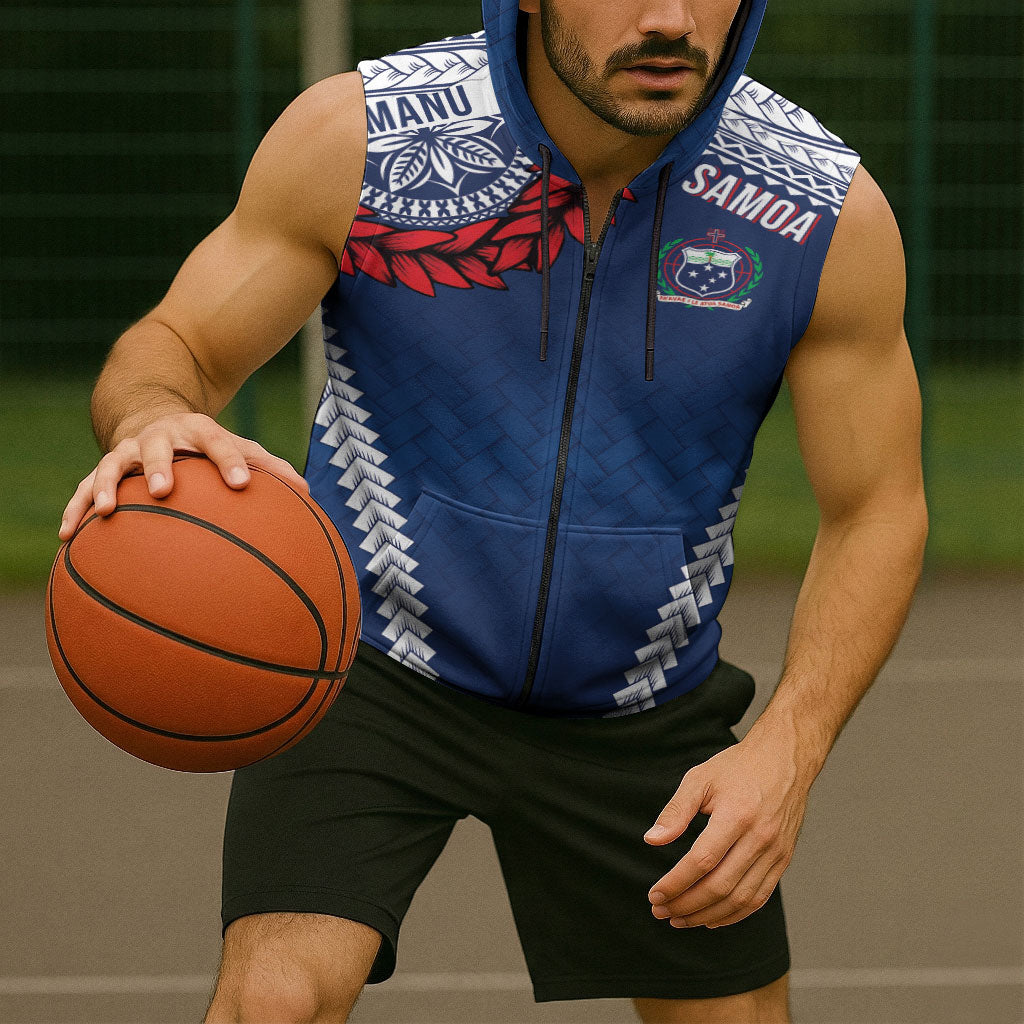 Manu Samoa Rugby Custom Navy Blue Sleeveless Zip Hoodie ʻIe Toga Pattern With Red Ula fala