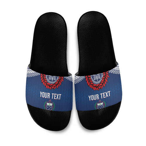 Manu Samoa Rugby Custom Navy Blue Slide Sandals ʻIe Toga Pattern With Red Ula fala