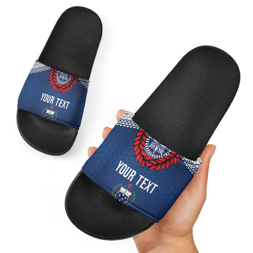 Manu Samoa Rugby Custom Navy Blue Slide Sandals ʻIe Toga Pattern With Red Ula fala