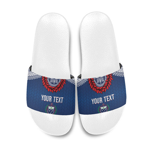 Manu Samoa Rugby Custom Navy Blue Slide Sandals ʻIe Toga Pattern With Red Ula fala