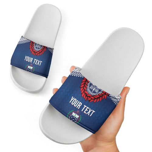 Manu Samoa Rugby Custom Navy Blue Slide Sandals ʻIe Toga Pattern With Red Ula fala