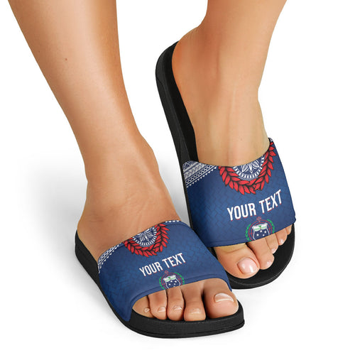 Manu Samoa Rugby Custom Navy Blue Slide Sandals ʻIe Toga Pattern With Red Ula fala