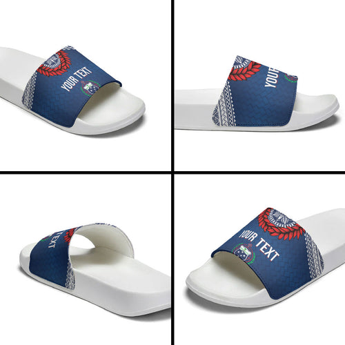 Manu Samoa Rugby Custom Navy Blue Slide Sandals ʻIe Toga Pattern With Red Ula fala