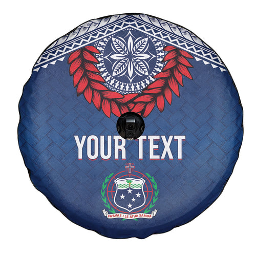 Manu Samoa Rugby Custom Navy Blue Spare Tire Cover ʻIe Toga Pattern With Red Ula fala