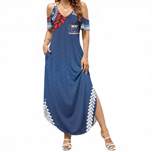 Manu Samoa Rugby Custom Navy Blue Summer Maxi Dress ʻIe Toga Pattern With Red Ula fala