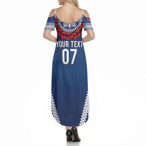 Manu Samoa Rugby Custom Navy Blue Summer Maxi Dress ʻIe Toga Pattern With Red Ula fala