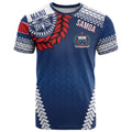 Manu Samoa Rugby Custom Navy Blue T Shirt ʻIe Toga Pattern With Red Ula fala