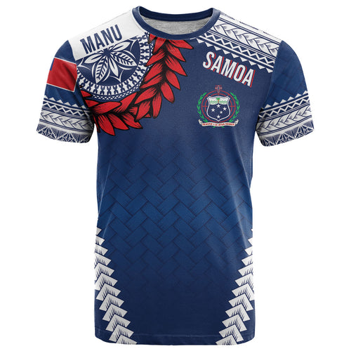 Manu Samoa Rugby Custom Navy Blue T Shirt ʻIe Toga Pattern With Red Ula fala