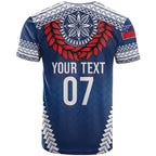 Manu Samoa Rugby Custom Navy Blue T Shirt ʻIe Toga Pattern With Red Ula fala