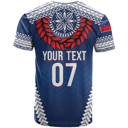 Manu Samoa Rugby Custom Navy Blue T Shirt ʻIe Toga Pattern With Red Ula fala