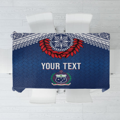 Manu Samoa Rugby Custom Navy Blue Tablecloth ʻIe Toga Pattern With Red Ula fala